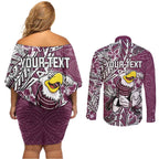 Personalised Manly Warringah Sea Eagles Couples Matching Off Shoulder Short Dress and Long Sleeve Button Shirt Polynesian Tribal Pattern With Rugby Sea Eagle Mascot Art