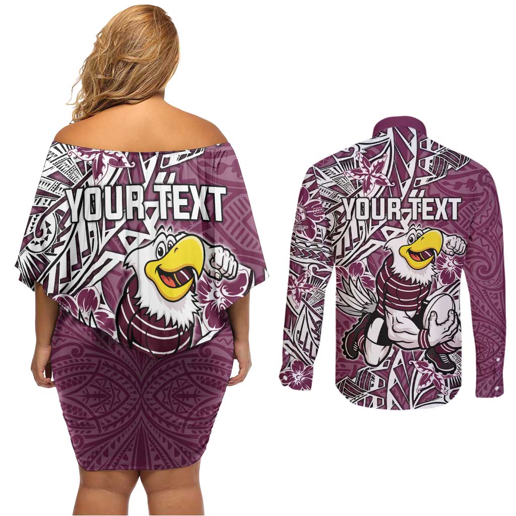 Personalised Manly Warringah Sea Eagles Couples Matching Off Shoulder Short Dress and Long Sleeve Button Shirt Polynesian Tribal Pattern With Rugby Sea Eagle Mascot Art
