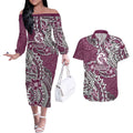 Personalised Manly Warringah Sea Eagles Couples Matching Off The Shoulder Long Sleeve Dress and Hawaiian Shirt Polynesian Tribal Pattern With Rugby Sea Eagle Mascot Art
