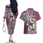 Personalised Manly Warringah Sea Eagles Couples Matching Off The Shoulder Long Sleeve Dress and Hawaiian Shirt Polynesian Tribal Pattern With Rugby Sea Eagle Mascot Art