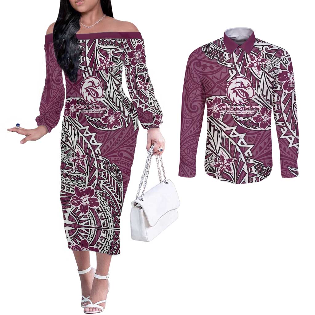 Personalised Manly Warringah Sea Eagles Couples Matching Off The Shoulder Long Sleeve Dress and Long Sleeve Button Shirt Polynesian Tribal Pattern With Rugby Sea Eagle Mascot Art