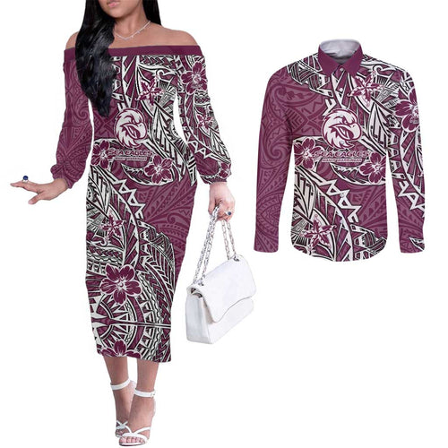 Personalised Manly Warringah Sea Eagles Couples Matching Off The Shoulder Long Sleeve Dress and Long Sleeve Button Shirt Polynesian Tribal Pattern With Rugby Sea Eagle Mascot Art