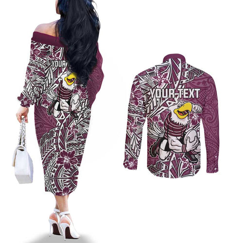Personalised Manly Warringah Sea Eagles Couples Matching Off The Shoulder Long Sleeve Dress and Long Sleeve Button Shirt Polynesian Tribal Pattern With Rugby Sea Eagle Mascot Art