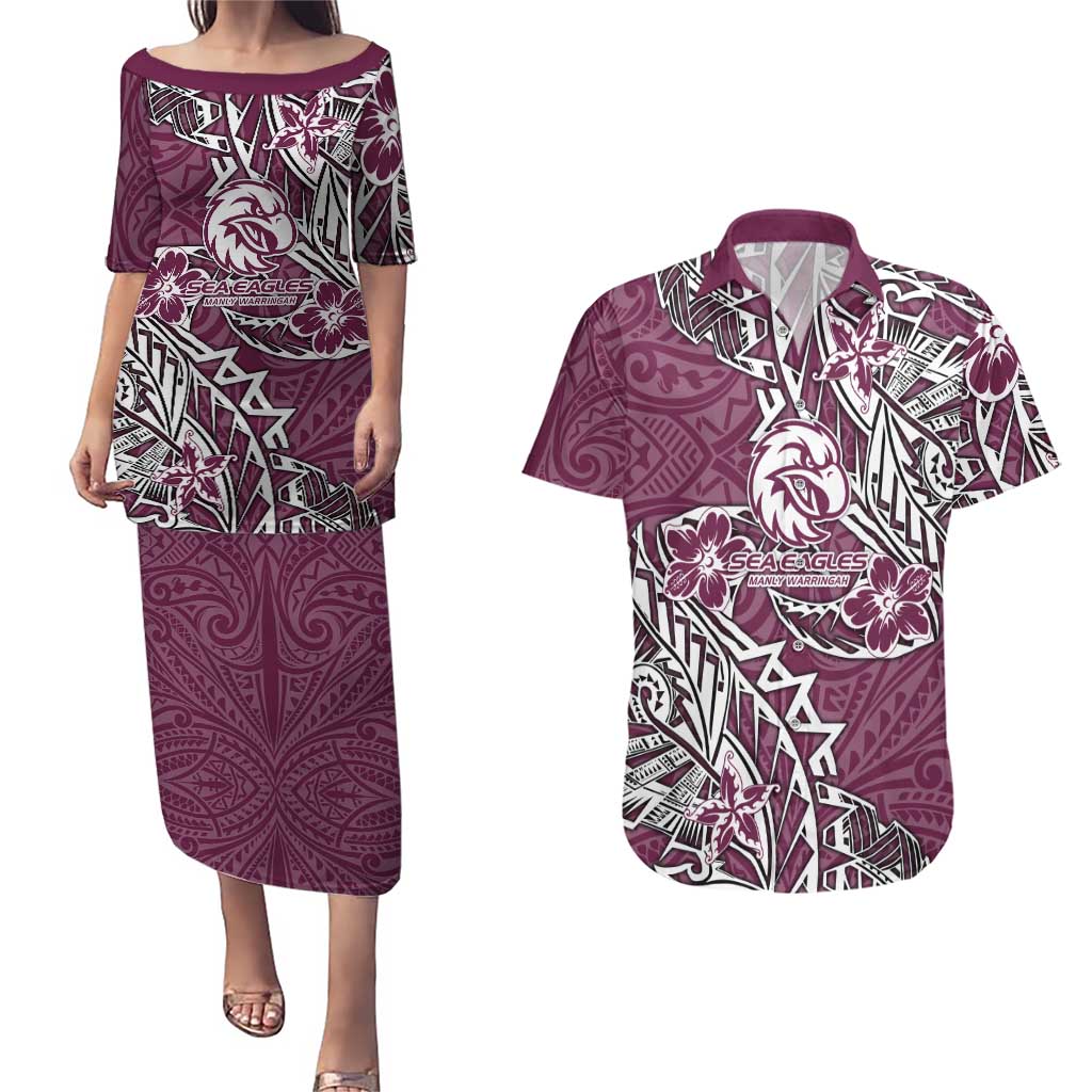 Personalised Manly Warringah Sea Eagles Couples Matching Puletasi and Hawaiian Shirt Polynesian Tribal Pattern With Rugby Sea Eagle Mascot Art