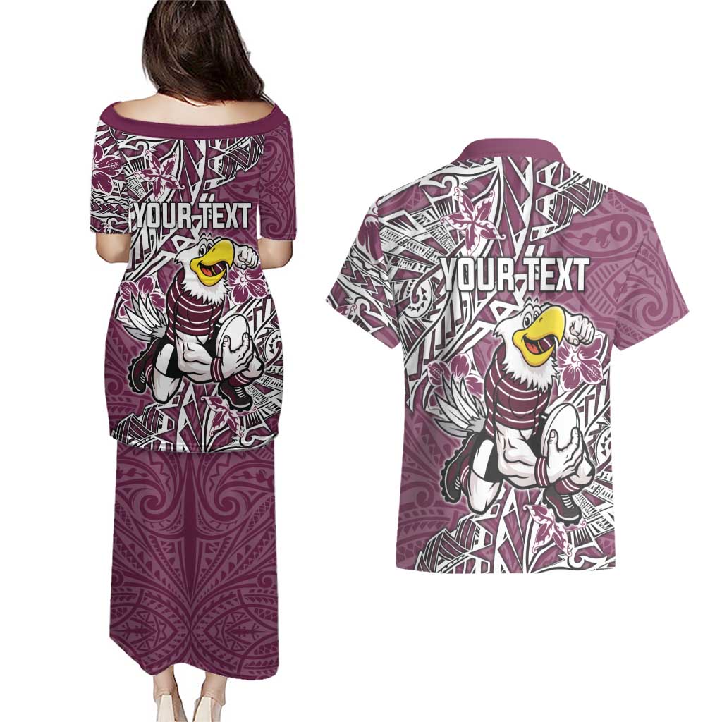Personalised Manly Warringah Sea Eagles Couples Matching Puletasi and Hawaiian Shirt Polynesian Tribal Pattern With Rugby Sea Eagle Mascot Art