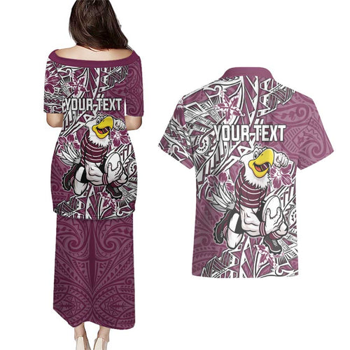 Personalised Manly Warringah Sea Eagles Couples Matching Puletasi and Hawaiian Shirt Polynesian Tribal Pattern With Rugby Sea Eagle Mascot Art