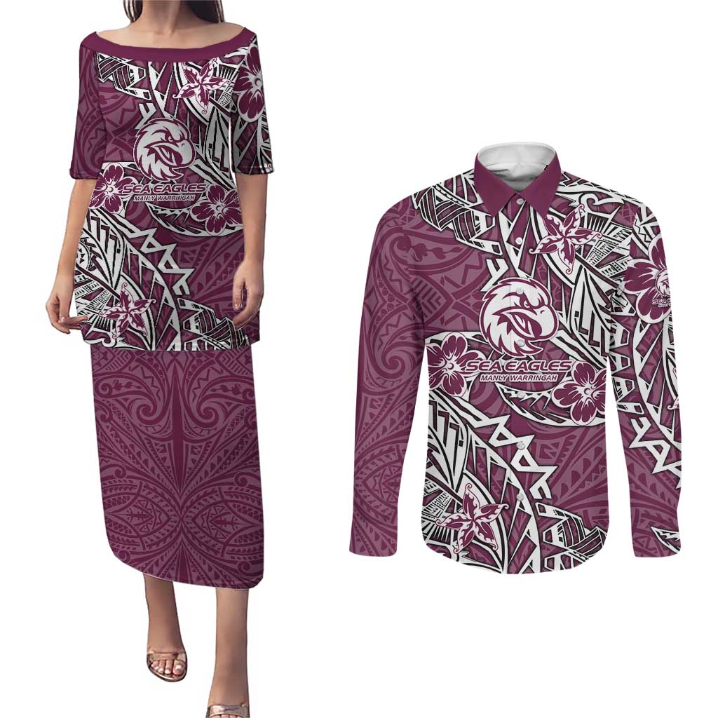 Personalised Manly Warringah Sea Eagles Couples Matching Puletasi and Long Sleeve Button Shirt Polynesian Tribal Pattern With Rugby Sea Eagle Mascot Art