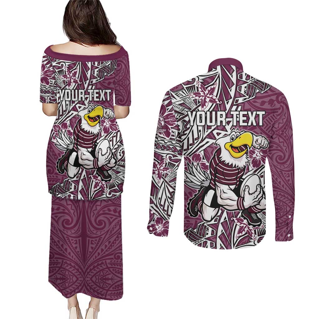 Personalised Manly Warringah Sea Eagles Couples Matching Puletasi and Long Sleeve Button Shirt Polynesian Tribal Pattern With Rugby Sea Eagle Mascot Art