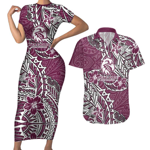 Personalised Manly Warringah Sea Eagles Couples Matching Short Sleeve Bodycon Dress and Hawaiian Shirt Polynesian Tribal Pattern With Rugby Sea Eagle Mascot Art