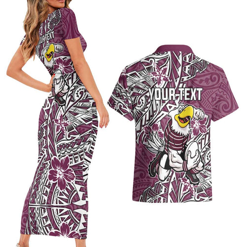 Personalised Manly Warringah Sea Eagles Couples Matching Short Sleeve Bodycon Dress and Hawaiian Shirt Polynesian Tribal Pattern With Rugby Sea Eagle Mascot Art