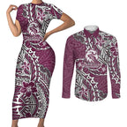 Personalised Manly Warringah Sea Eagles Couples Matching Short Sleeve Bodycon Dress and Long Sleeve Button Shirt Polynesian Tribal Pattern With Rugby Sea Eagle Mascot Art