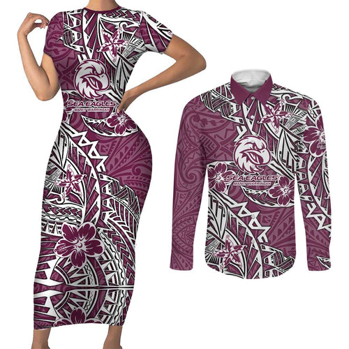 Personalised Manly Warringah Sea Eagles Couples Matching Short Sleeve Bodycon Dress and Long Sleeve Button Shirt Polynesian Tribal Pattern With Rugby Sea Eagle Mascot Art
