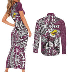 Personalised Manly Warringah Sea Eagles Couples Matching Short Sleeve Bodycon Dress and Long Sleeve Button Shirt Polynesian Tribal Pattern With Rugby Sea Eagle Mascot Art