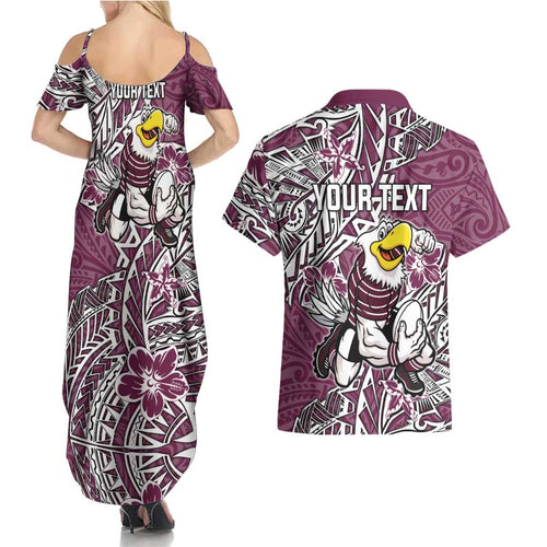 Personalised Manly Warringah Sea Eagles Couples Matching Summer Maxi Dress and Hawaiian Shirt Polynesian Tribal Pattern With Rugby Sea Eagle Mascot Art