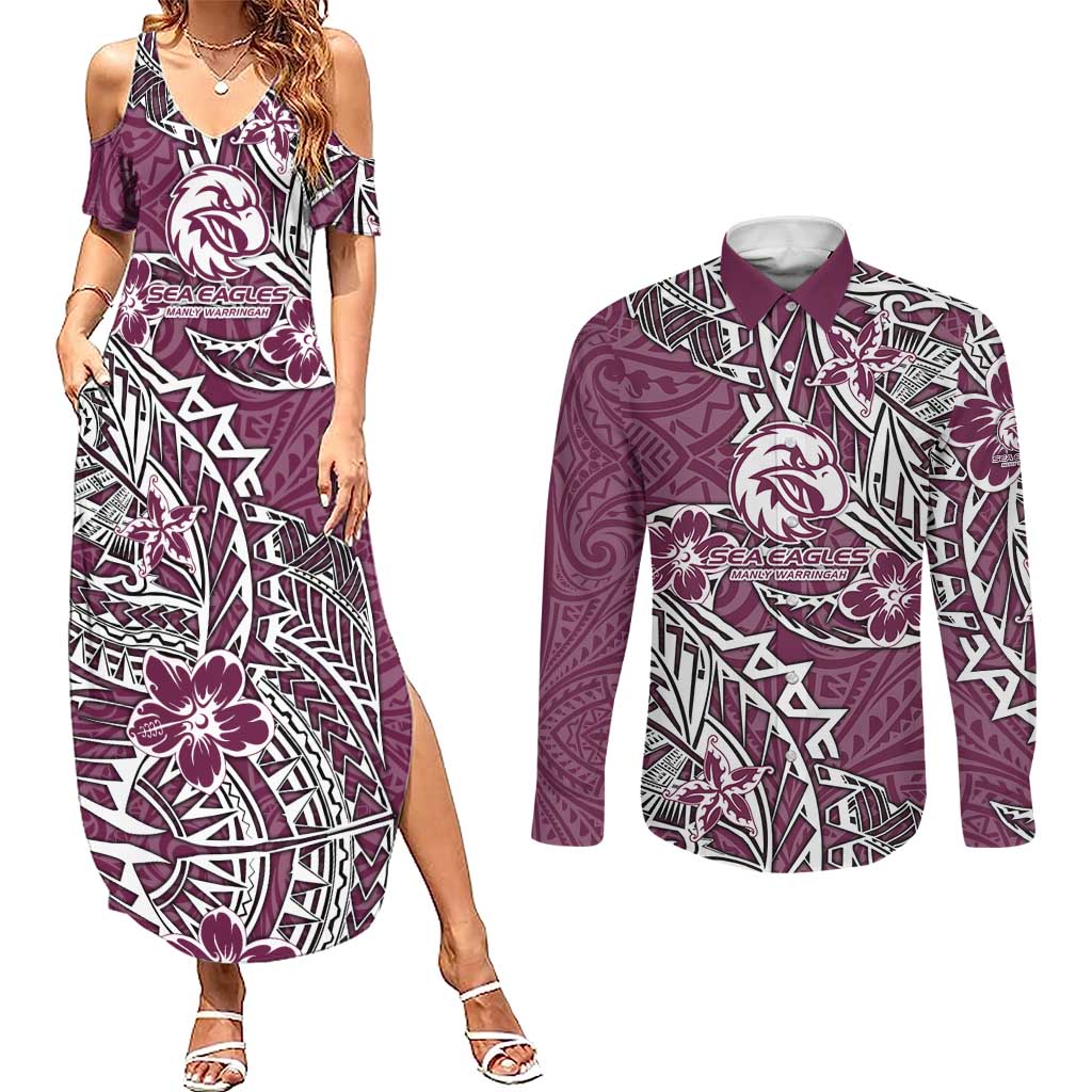 Personalised Manly Warringah Sea Eagles Couples Matching Summer Maxi Dress and Long Sleeve Button Shirt Polynesian Tribal Pattern With Rugby Sea Eagle Mascot Art