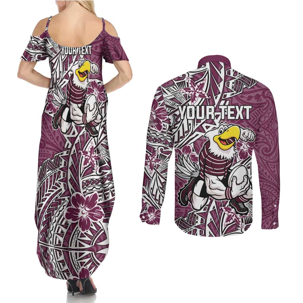 Personalised Manly Warringah Sea Eagles Couples Matching Summer Maxi Dress and Long Sleeve Button Shirt Polynesian Tribal Pattern With Rugby Sea Eagle Mascot Art