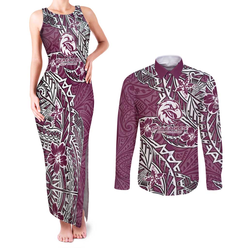 Personalised Manly Warringah Sea Eagles Couples Matching Tank Maxi Dress and Long Sleeve Button Shirt Polynesian Tribal Pattern With Rugby Sea Eagle Mascot Art