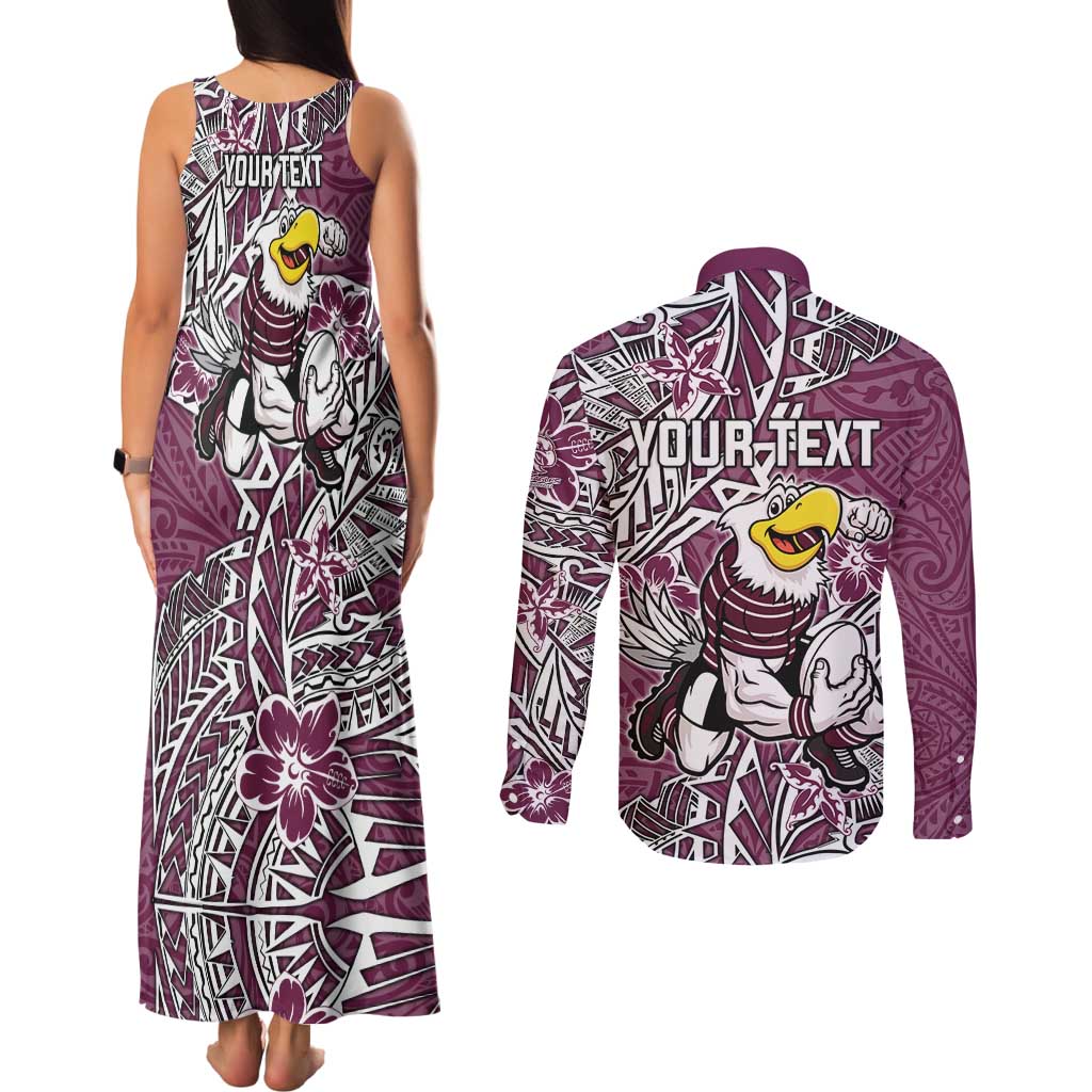 Personalised Manly Warringah Sea Eagles Couples Matching Tank Maxi Dress and Long Sleeve Button Shirt Polynesian Tribal Pattern With Rugby Sea Eagle Mascot Art