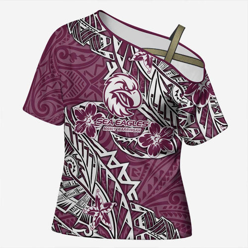 Personalised Manly Warringah Sea Eagles Cross Shoulder Shirt Polynesian Tribal Pattern With Rugby Sea Eagle Mascot Art