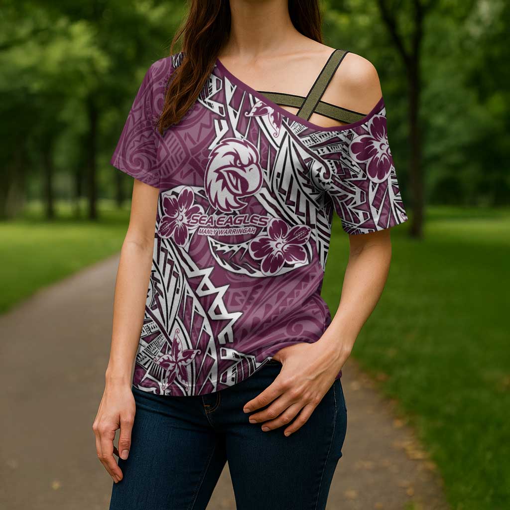 Personalised Manly Warringah Sea Eagles Cross Shoulder Shirt Polynesian Tribal Pattern With Rugby Sea Eagle Mascot Art