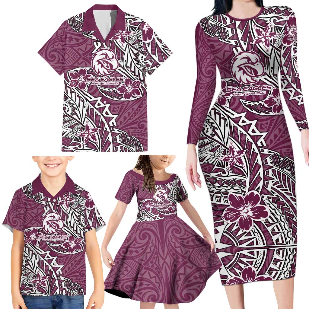 Personalised Manly Warringah Sea Eagles Family Matching Long Sleeve Bodycon Dress and Hawaiian Shirt Polynesian Tribal Pattern With Rugby Sea Eagle Mascot Art