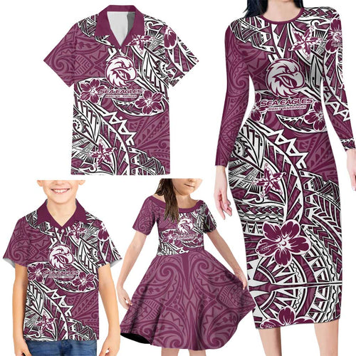 Personalised Manly Warringah Sea Eagles Family Matching Long Sleeve Bodycon Dress and Hawaiian Shirt Polynesian Tribal Pattern With Rugby Sea Eagle Mascot Art