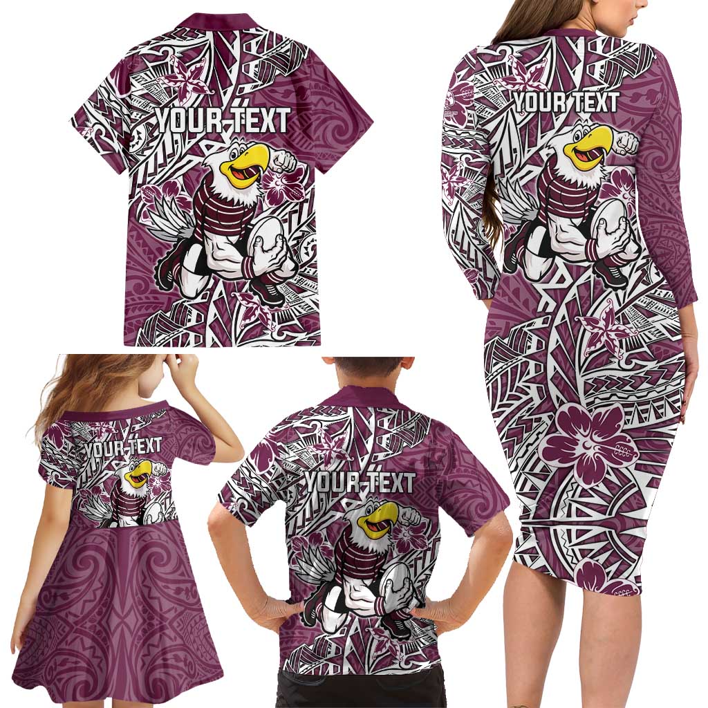Personalised Manly Warringah Sea Eagles Family Matching Long Sleeve Bodycon Dress and Hawaiian Shirt Polynesian Tribal Pattern With Rugby Sea Eagle Mascot Art