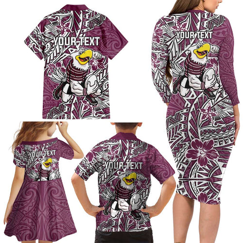 Personalised Manly Warringah Sea Eagles Family Matching Long Sleeve Bodycon Dress and Hawaiian Shirt Polynesian Tribal Pattern With Rugby Sea Eagle Mascot Art