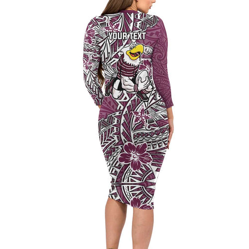 Personalised Manly Warringah Sea Eagles Family Matching Long Sleeve Bodycon Dress and Hawaiian Shirt Polynesian Tribal Pattern With Rugby Sea Eagle Mascot Art