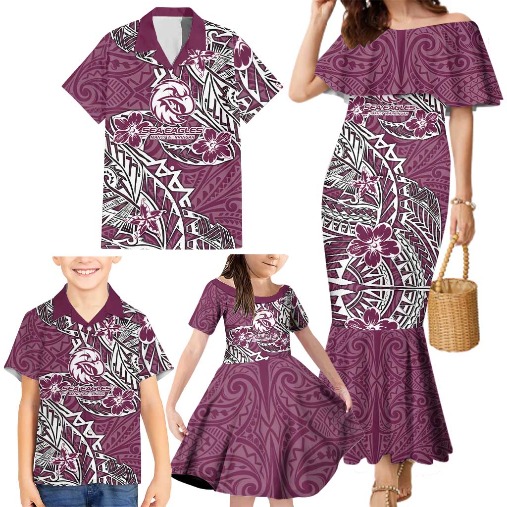 Personalised Manly Warringah Sea Eagles Family Matching Mermaid Dress and Hawaiian Shirt Polynesian Tribal Pattern With Rugby Sea Eagle Mascot Art