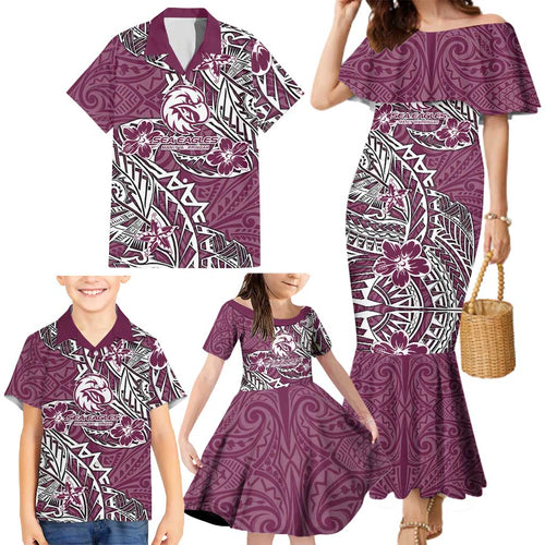 Personalised Manly Warringah Sea Eagles Family Matching Mermaid Dress and Hawaiian Shirt Polynesian Tribal Pattern With Rugby Sea Eagle Mascot Art