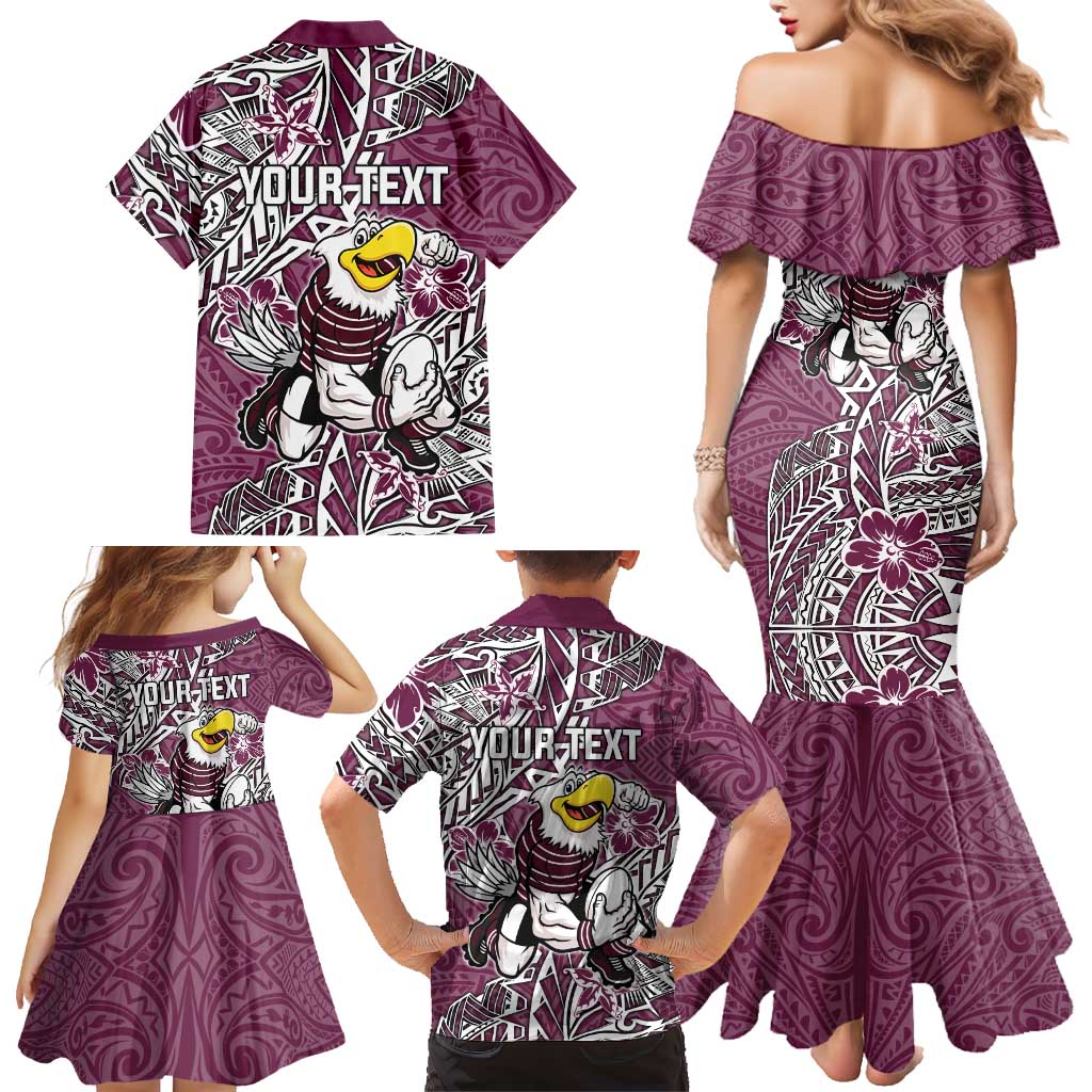 Personalised Manly Warringah Sea Eagles Family Matching Mermaid Dress and Hawaiian Shirt Polynesian Tribal Pattern With Rugby Sea Eagle Mascot Art