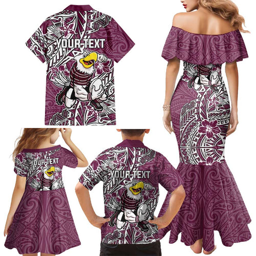 Personalised Manly Warringah Sea Eagles Family Matching Mermaid Dress and Hawaiian Shirt Polynesian Tribal Pattern With Rugby Sea Eagle Mascot Art