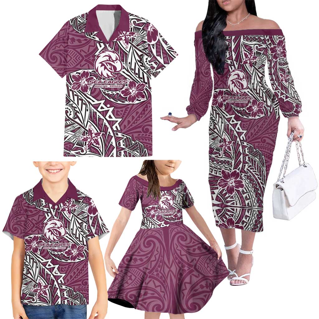 Personalised Manly Warringah Sea Eagles Family Matching Off The Shoulder Long Sleeve Dress and Hawaiian Shirt Polynesian Tribal Pattern With Rugby Sea Eagle Mascot Art