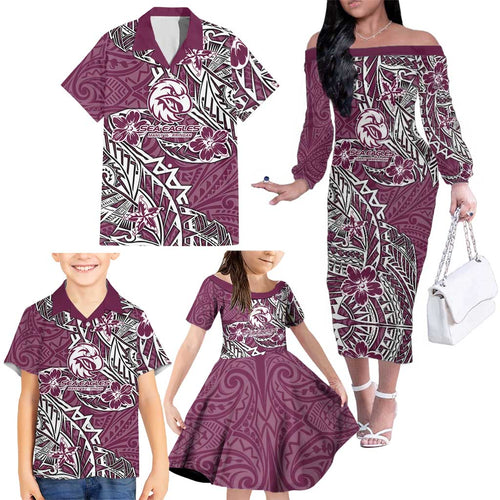 Personalised Manly Warringah Sea Eagles Family Matching Off The Shoulder Long Sleeve Dress and Hawaiian Shirt Polynesian Tribal Pattern With Rugby Sea Eagle Mascot Art