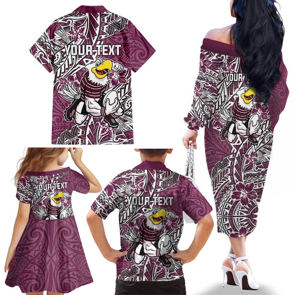 Personalised Manly Warringah Sea Eagles Family Matching Off The Shoulder Long Sleeve Dress and Hawaiian Shirt Polynesian Tribal Pattern With Rugby Sea Eagle Mascot Art