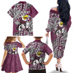 Personalised Manly Warringah Sea Eagles Family Matching Off The Shoulder Long Sleeve Dress and Hawaiian Shirt Polynesian Tribal Pattern With Rugby Sea Eagle Mascot Art