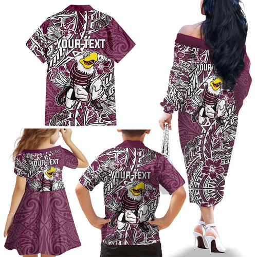Personalised Manly Warringah Sea Eagles Family Matching Off The Shoulder Long Sleeve Dress and Hawaiian Shirt Polynesian Tribal Pattern With Rugby Sea Eagle Mascot Art