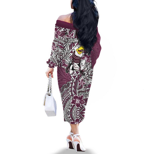Personalised Manly Warringah Sea Eagles Family Matching Off The Shoulder Long Sleeve Dress and Hawaiian Shirt Polynesian Tribal Pattern With Rugby Sea Eagle Mascot Art