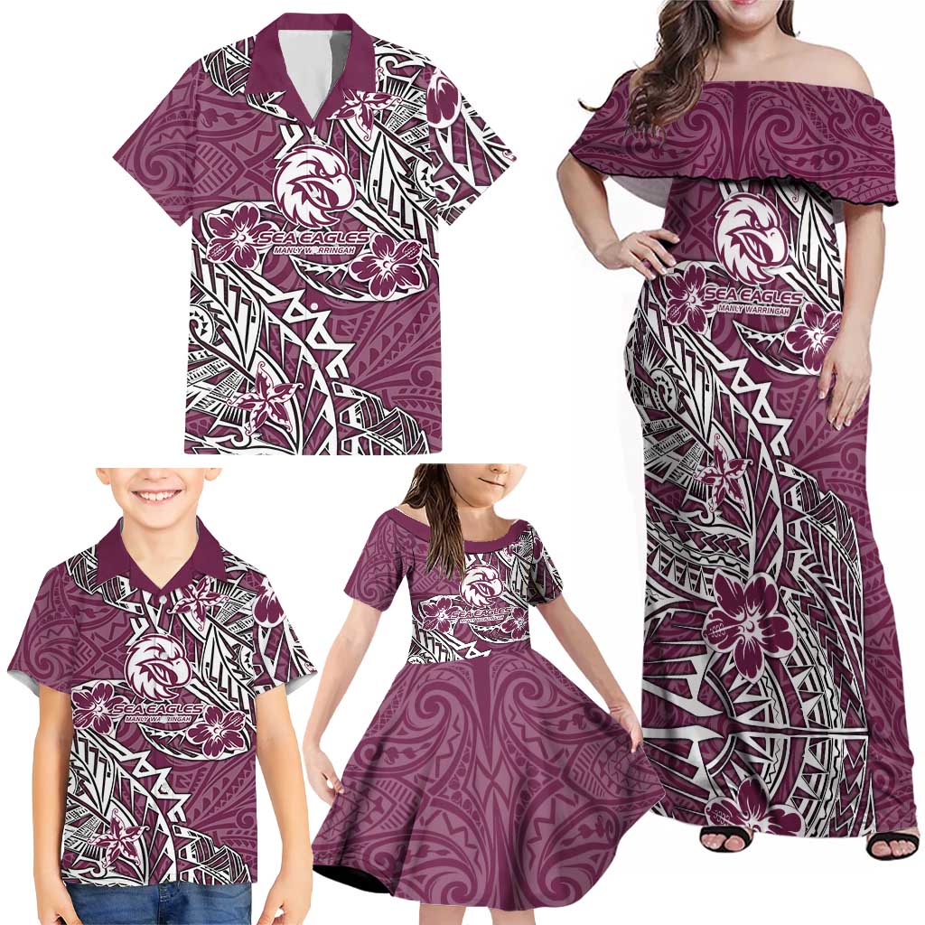 Personalised Manly Warringah Sea Eagles Family Matching Off Shoulder Maxi Dress and Hawaiian Shirt Polynesian Tribal Pattern With Rugby Sea Eagle Mascot Art