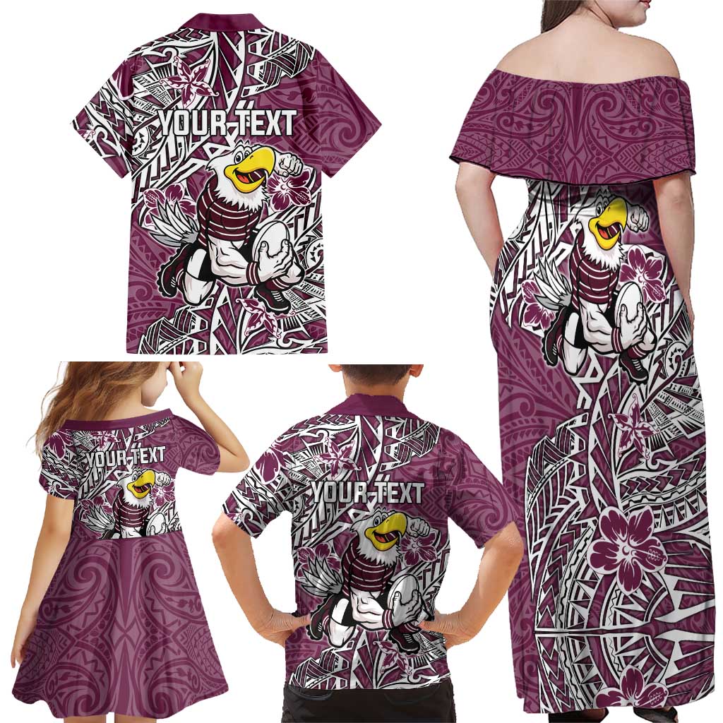 Personalised Manly Warringah Sea Eagles Family Matching Off Shoulder Maxi Dress and Hawaiian Shirt Polynesian Tribal Pattern With Rugby Sea Eagle Mascot Art