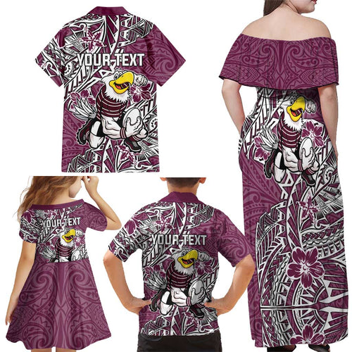 Personalised Manly Warringah Sea Eagles Family Matching Off Shoulder Maxi Dress and Hawaiian Shirt Polynesian Tribal Pattern With Rugby Sea Eagle Mascot Art