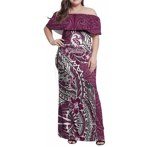 Personalised Manly Warringah Sea Eagles Family Matching Off Shoulder Maxi Dress and Hawaiian Shirt Polynesian Tribal Pattern With Rugby Sea Eagle Mascot Art
