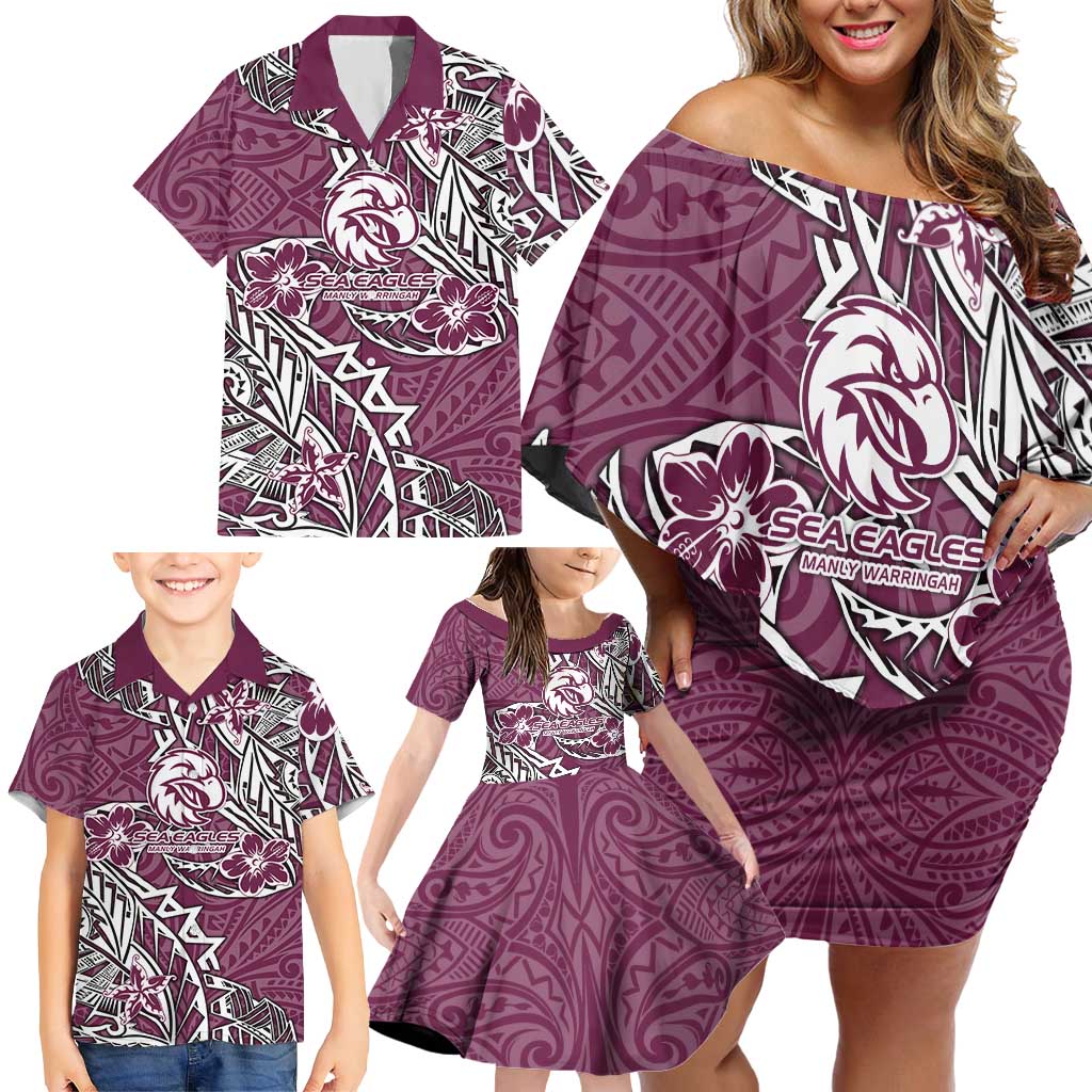 Personalised Manly Warringah Sea Eagles Family Matching Off Shoulder Short Dress and Hawaiian Shirt Polynesian Tribal Pattern With Rugby Sea Eagle Mascot Art