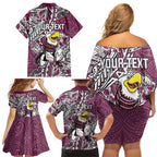 Personalised Manly Warringah Sea Eagles Family Matching Off Shoulder Short Dress and Hawaiian Shirt Polynesian Tribal Pattern With Rugby Sea Eagle Mascot Art