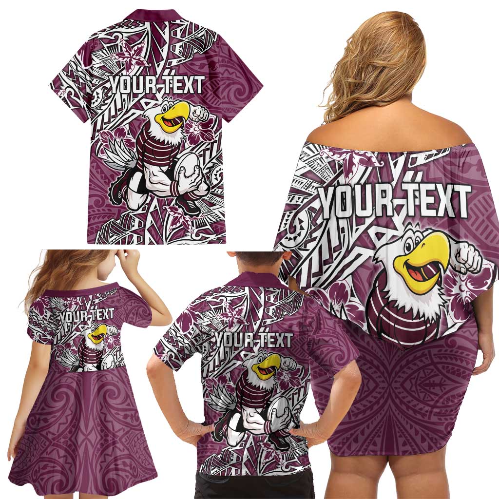 Personalised Manly Warringah Sea Eagles Family Matching Off Shoulder Short Dress and Hawaiian Shirt Polynesian Tribal Pattern With Rugby Sea Eagle Mascot Art