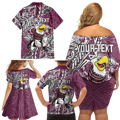 Personalised Manly Warringah Sea Eagles Family Matching Off Shoulder Short Dress and Hawaiian Shirt Polynesian Tribal Pattern With Rugby Sea Eagle Mascot Art
