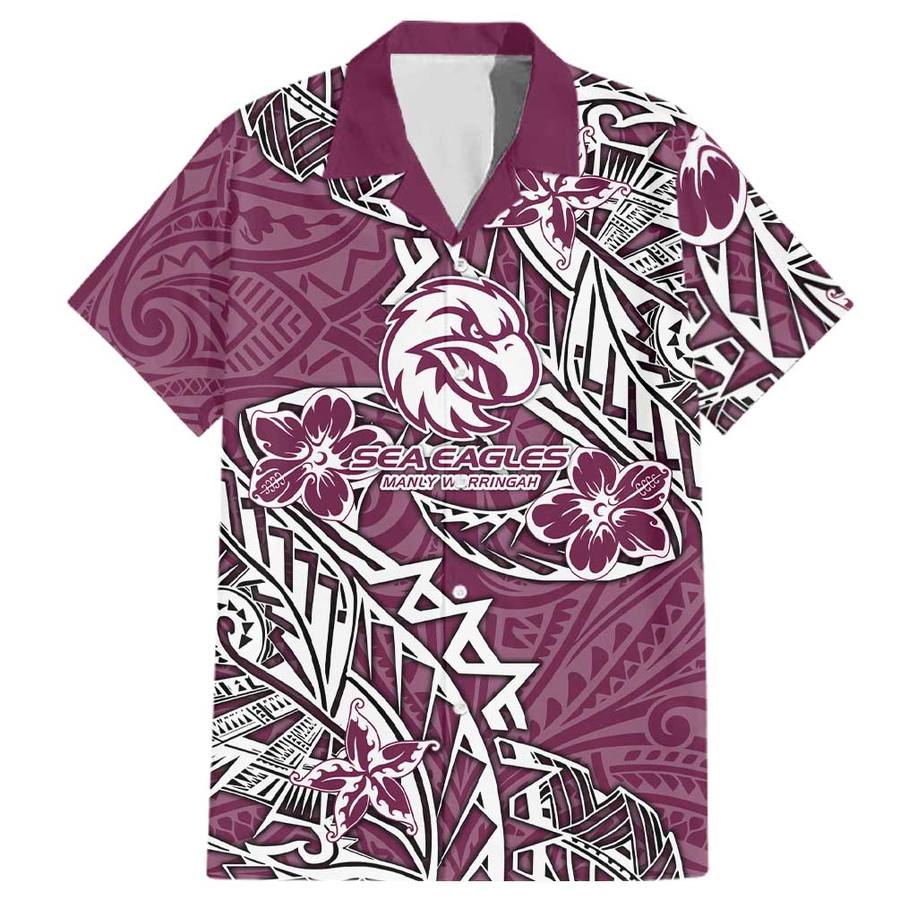 Personalised Manly Warringah Sea Eagles Family Matching Off Shoulder Short Dress and Hawaiian Shirt Polynesian Tribal Pattern With Rugby Sea Eagle Mascot Art