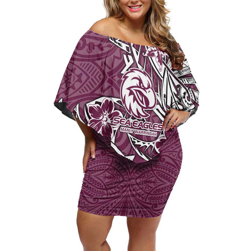 Personalised Manly Warringah Sea Eagles Family Matching Off Shoulder Short Dress and Hawaiian Shirt Polynesian Tribal Pattern With Rugby Sea Eagle Mascot Art