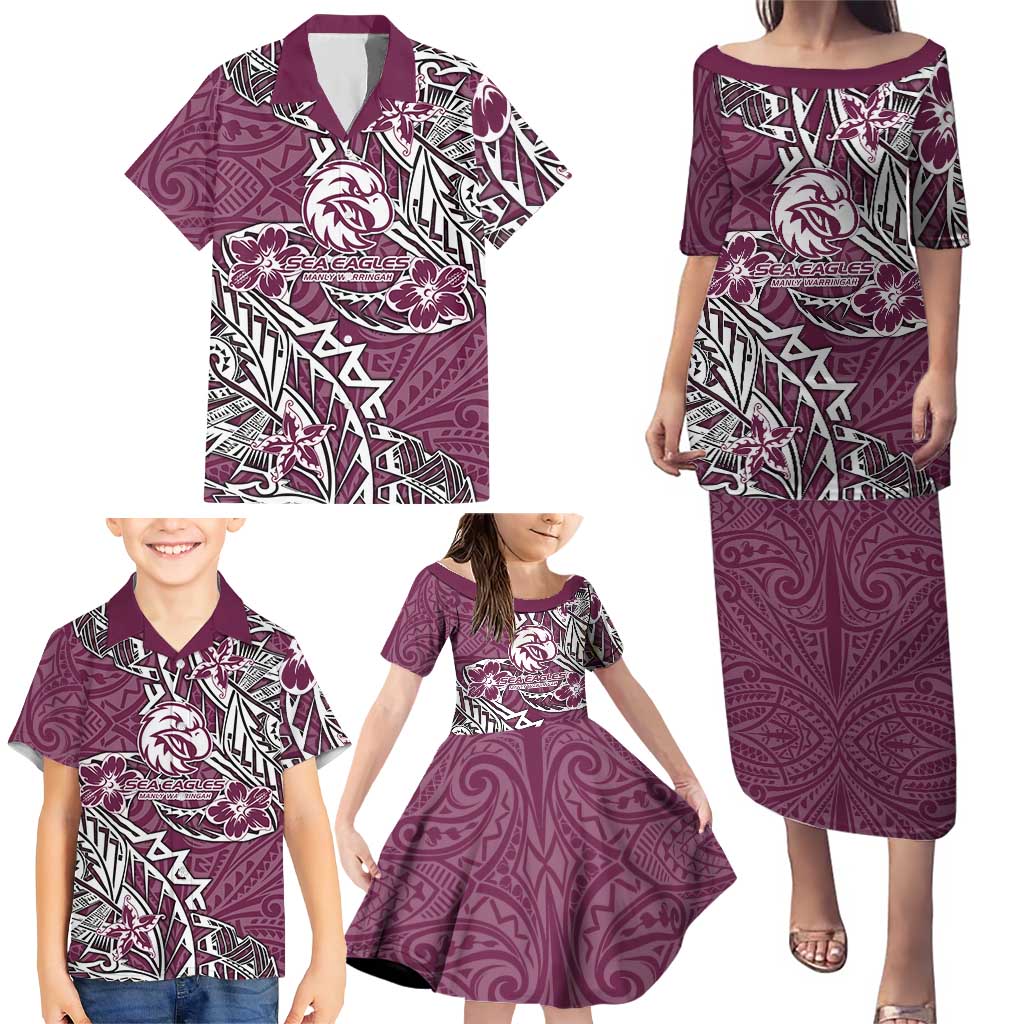 Personalised Manly Warringah Sea Eagles Family Matching Puletasi and Hawaiian Shirt Polynesian Tribal Pattern With Rugby Sea Eagle Mascot Art